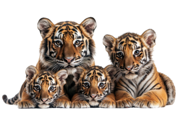 A family of tigers, isolate on white background, showcasing togetherness and bond. PNG