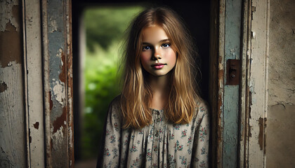 Fototapeta premium A young girl standing in a worn, rustic doorway