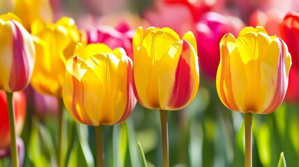 Obraz premium Vibrant spring tulips in full bloom with colorful petals against a soft natural background. Beautiful seasonal floral arrangement symbolizing love, renewal, and happiness.