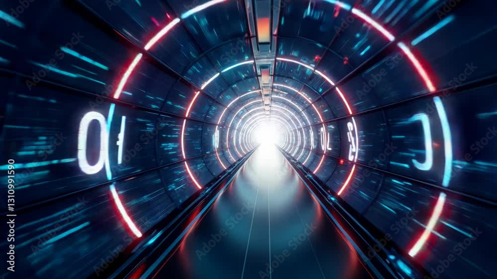 Wall mural digital tunnel with binary code and glowing, visualizing data transmission through a high-speed netw