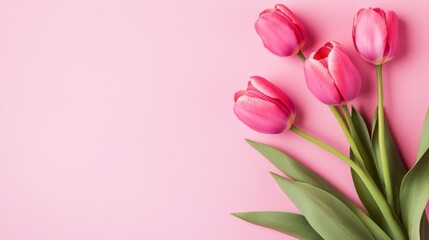 Obraz premium Elegant spring tulip flowers arranged on a soft pink background in flat lay style. Perfect floral greeting for Women's Day, Mother's Day, and seasonal celebrations.