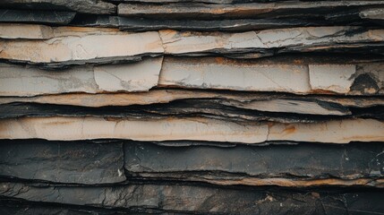 A close-up view of a wall made of overlapping slate tiles in various shades of gray, black, and brown.