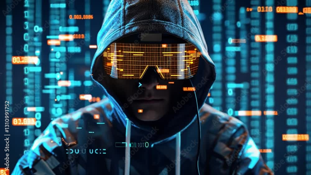 Poster mysterious hacker in futuristic glasses exploring intriguing world of digital technology, cyber secu