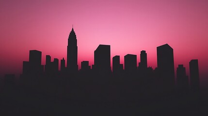 Naklejka premium Silhouette of a city skyline against a vibrant pink sunset.