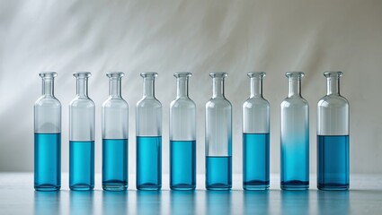A line of bottles with blue liquid inside