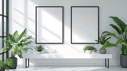 Modern minimalist style, two black frames hanging on the wall with blank white poster paper inside, simple and elegant home interior decoration, symmetrical composition, 