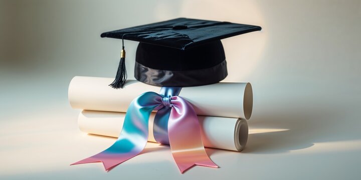 Graduation hat with diploma and ribbon on pastel background