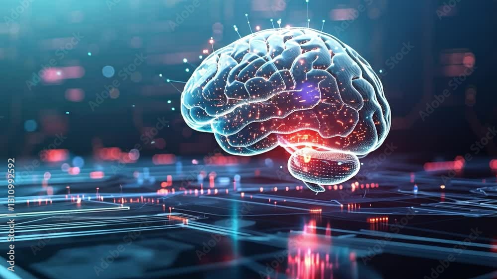 Poster futuristic digital brain glowing neural connections and circuit design symbolizing artificial intell