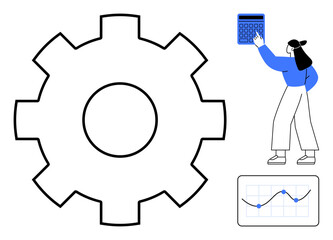 Large gearwheel alongside a woman interacting with a calculator and data chart. Ideal for productivity, workflow, organization, planning, analysis, process optimization, teamwork. Flat simple