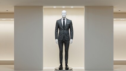 Mannequin Display of Executive Attire in Fashion Store with Blurred Background and Empty Space for Branding and Advertising Messages