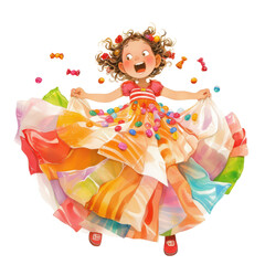 Fototapeta premium Joyful girl twirling in colorful dress playful environment digital illustration whimsical vibe