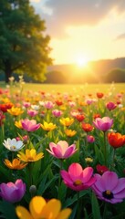 Fototapeta premium Sunlit floral field, colorful blossoms, idyllic scene, yellow, sun, colorful