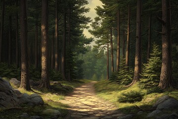 Obraz premium Tranquil Woodland Trail in a Green Forest