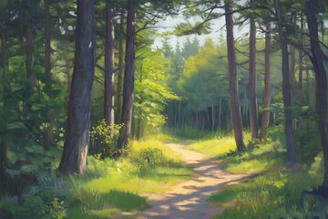 Obraz premium Tranquil Woodland Trail in a Green Forest