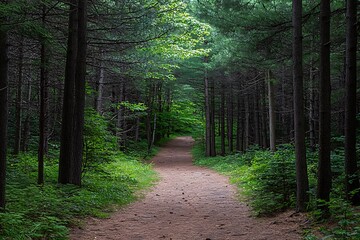 Obraz premium Tranquil Woodland Trail in a Green Forest
