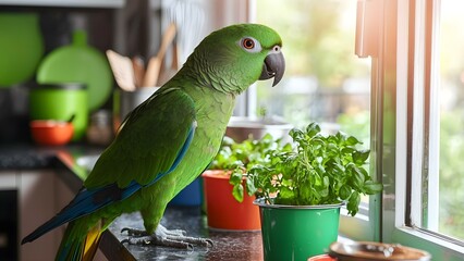 A green parrot sitting on a kitchen counter next to pots of basil and bright green utensils in the background. Concept Green Parrot, Kitchen Decor, Basil Plants, Vibrant Utensils, Nature Indoors