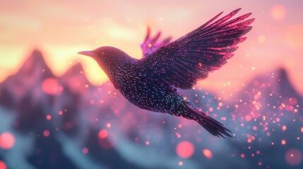 Fototapeta premium European starling in midflight over majestic mountains nature photography vibrant sunset dreamy atmosphere