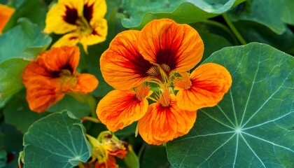 Close-up of vibrant yellow and orange nasturtium flowers in full bloom, surrounded by lush green leaves. A beautiful botanical scene perfect for gardening, nature, and floral-themed designs.