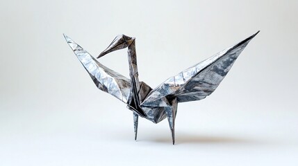 Grey origami crane isolated on white.