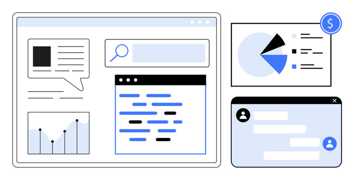 Desktop screenshots with code editor, message chat, analytics graphs, and search bar. Ideal for technology, productivity, teamwork, communication, data analysis software development business