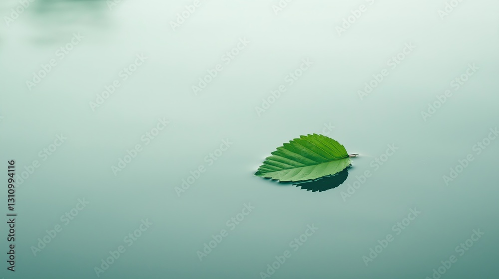 Poster a single green leaf floating on a white, empty surface