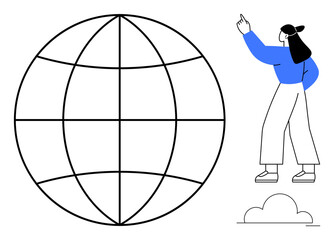 Sphere with grid design and woman pointing, suggesting global communication, geography, knowledge, and innovation. Ideal for teamwork, networking, education travel exploration future vision. Flat