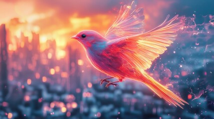Fototapeta premium Canary in midflight over urban sunset captivating bird photography vibrant cityscape dynamic perspective