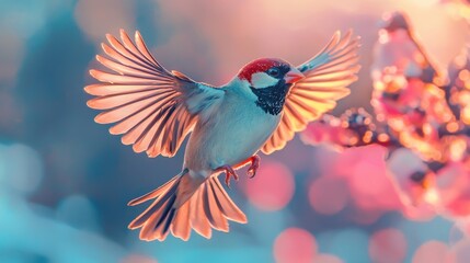 Obraz premium House sparrow midflight in vibrant nature scene captured in stunning detail outdoor close-up dynamic view