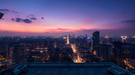 Obraz premium Breathtaking Night View from Rooftop Terrace Overlooking City Lights and Skyline at Dusk