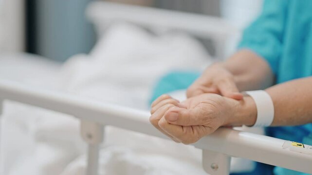 Elderly Patient  Woman having wrist pain in hospital, muscle ache due to Carpal Tunnel Syndrome, De Quervain s tenosynovitis, rheumatoid, arthritis, gout, Parkinson disease and ergonomic healthcare