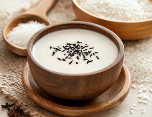Creamy Rice Beverage with Black Seeds on Wooden Bowl