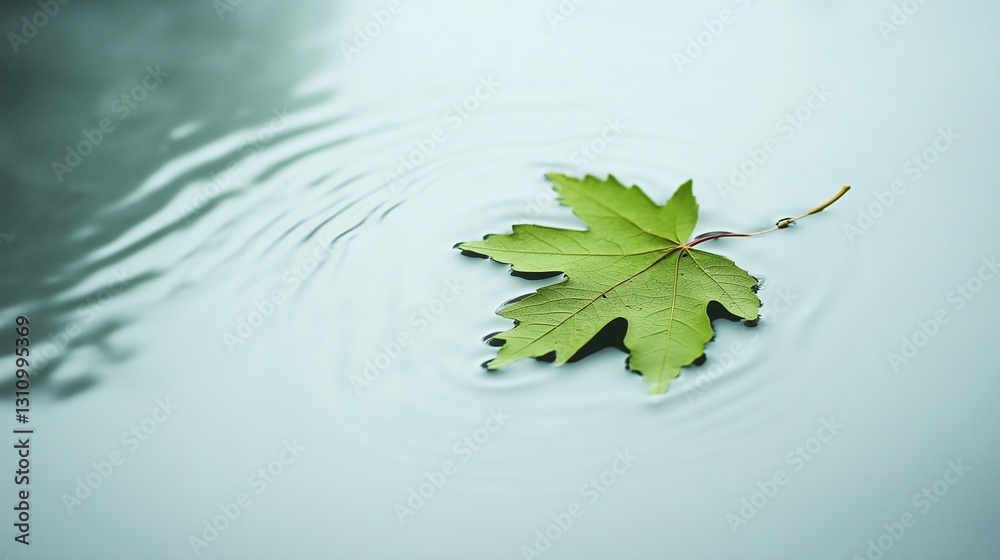 Poster a single green leaf floating on a white, empty surface