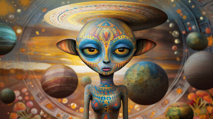 Fototapeta premium Celestial Guardian: An ethereal being, adorned with intricate cosmic patterns, gazes serenely upon the cosmos, surrounded by celestial bodies in a dreamlike, surreal realm.
