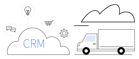 CRM system cloud with icons for communication, idea, e-commerce, and settings plus delivery truck under cloud. Ideal for logistics, CRM, e-commerce, innovation, communication cloud storage digital