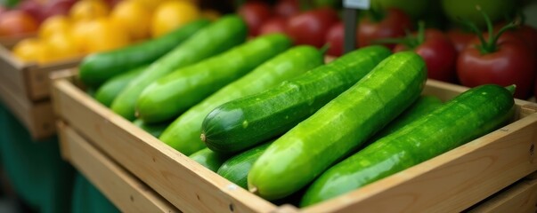 Bright green cucumbers in wooden crate at market , texture, organic