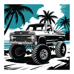 Monster truck with oversized tires parked on a beach  vector illustration