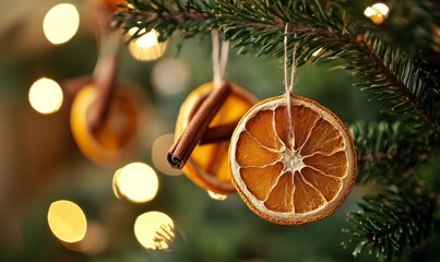 Dried orange slices and cinnamon ornaments on Christmas tree