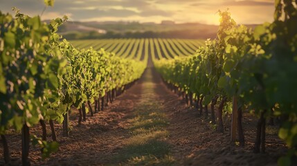 Stunning vineyard landscape at sunset with rows of lush green grapevines