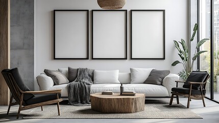 Three blank poster frames in the living room, white walls, Scandinavian-style interior, sofa with a blanket and pillows, wooden coffee table, black chair, carpet on the floor,