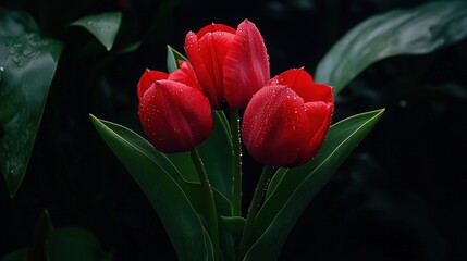 Three vibrant red tulips with water droplets, nestled amongst lush green foliage.