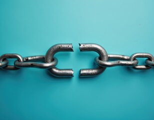 Obraz premium Broken metal chain link on blue backdrop weakness, vulnerability, disconnection. Illustrates fragility, separation, isolation. Represents security, connection, potential bankruptcy. Macro shot of