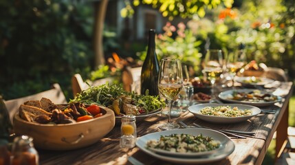 Garden party features a long wooden table with delicious food and elegant drinks