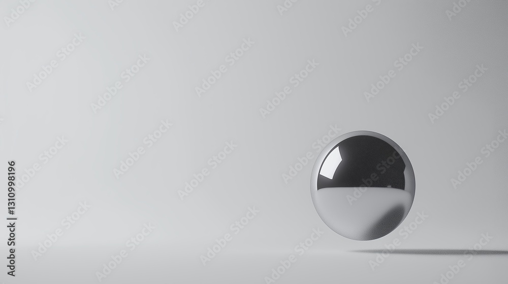 Poster a sleek silver metallic sphere floating in an empty white space