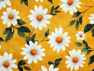 yellow background featuring a pattern of white daisy flowers with orange centers and green leaves, arranged randomly