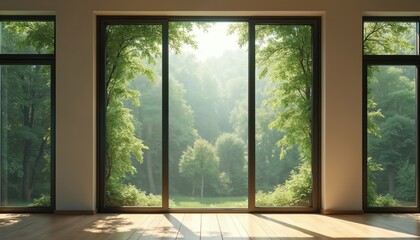 Three large windows with forest view. Rich trees outside, woodland scenery, sunlight. Building interior with wooden floor. Natural light, cozy atmosphere, architectural design provides serene,