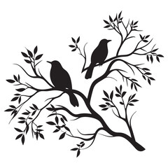 bird tree branch  black silhouette on white background
