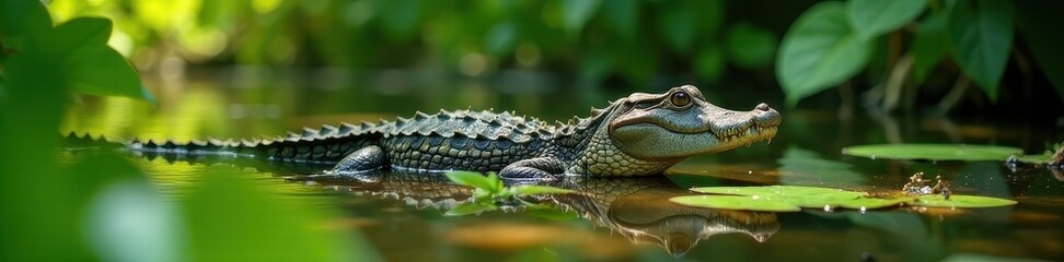 Fototapeta premium Camouflaged alligator in sun-dappled swamp, vibrant green plants , ecosystem, still water