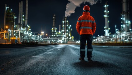 Engineer at night overlooking refinery.