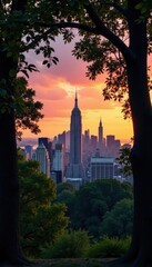 Fototapeta premium Gramercy Park trees frame Midtown Manhattan skyline at sunset, urban, stock photo