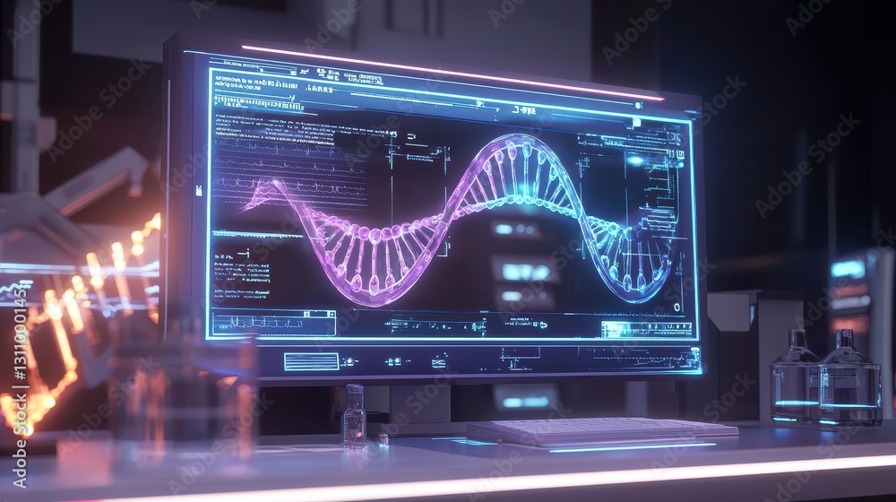 Poster a futuristic monitor displays colorful data visualizations, including a dynamic wave pattern, in a h